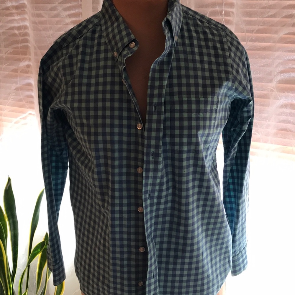 Boys Lands’ End check button down shirt blue on blue large check Sz 14-16